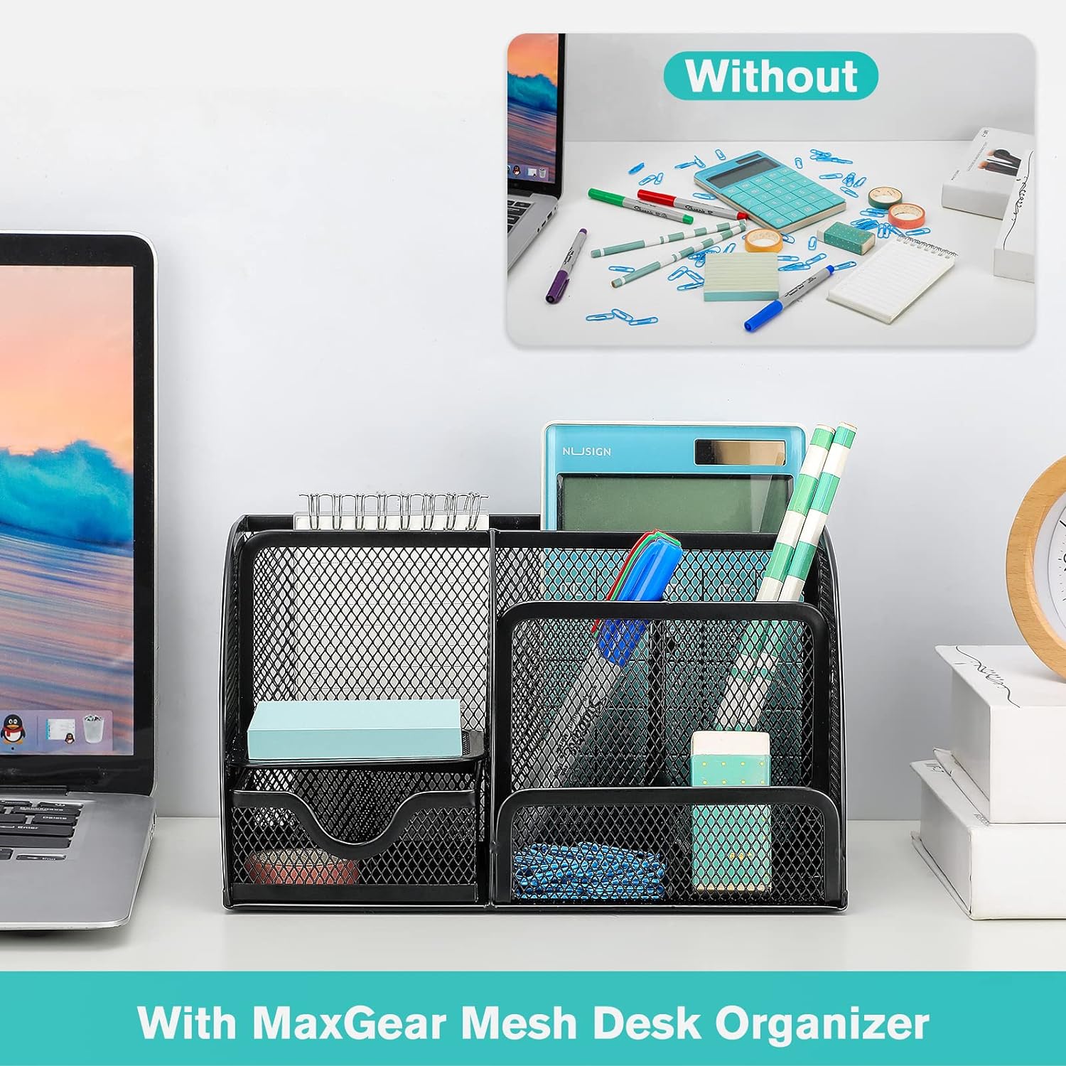 MaxGear Mesh Desk Organizer Office Desktop Organizer with Drawer, Metal Stationary Organizer Black Desk Caddy, 6 Compartments, 8.7 x 5.5 x 5 inch, 1 Pack - Image 4